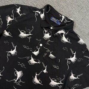 Polo Ralph Lauren Shirt Mens Large Black Short Sleeve Fish Print Linen Blend